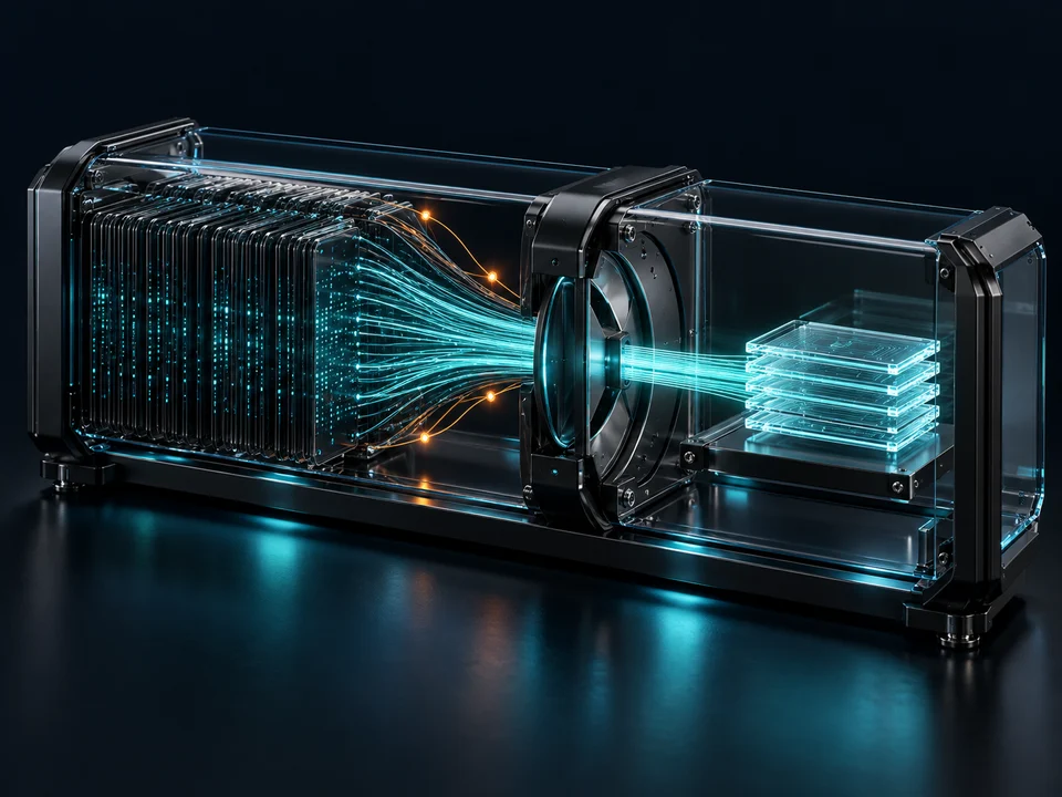 Conceptual data engine: turquoise signals pass from governed data wafers through a verification gate into clear answer layers.