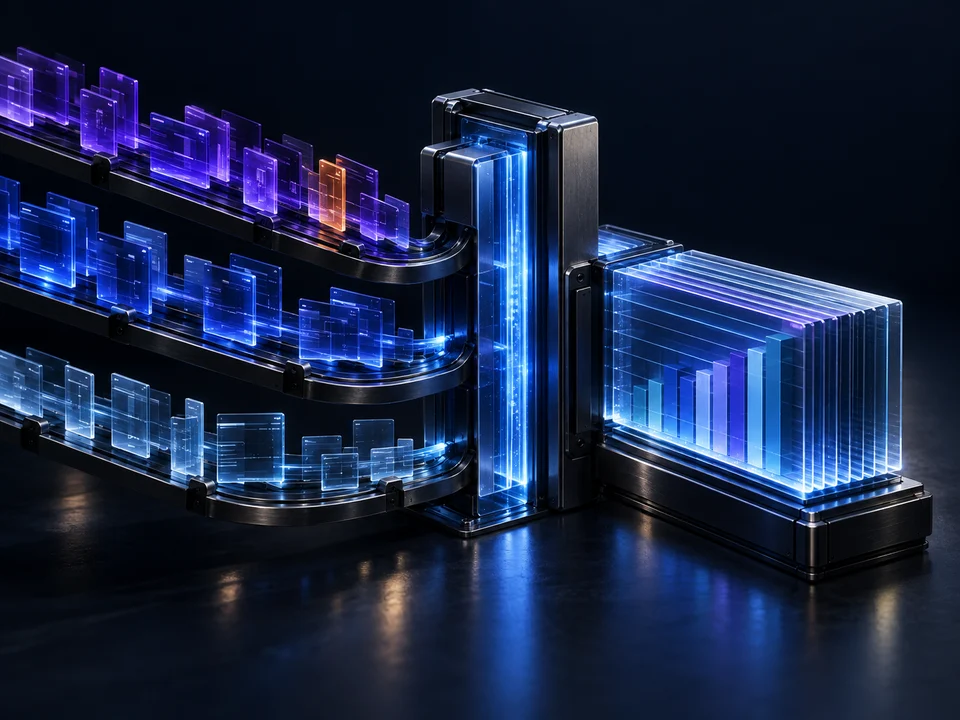 Conceptual finance pipeline: violet, blue and cyan transaction streams pass through one reconciliation gate into a unified reporting layer.