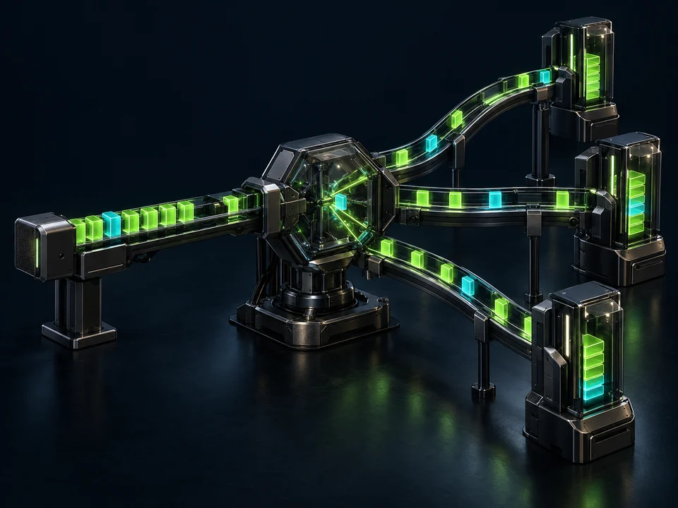 Conceptual CRM routing engine: lime record tiles enter one hub and follow three connected paths to synchronized destinations.