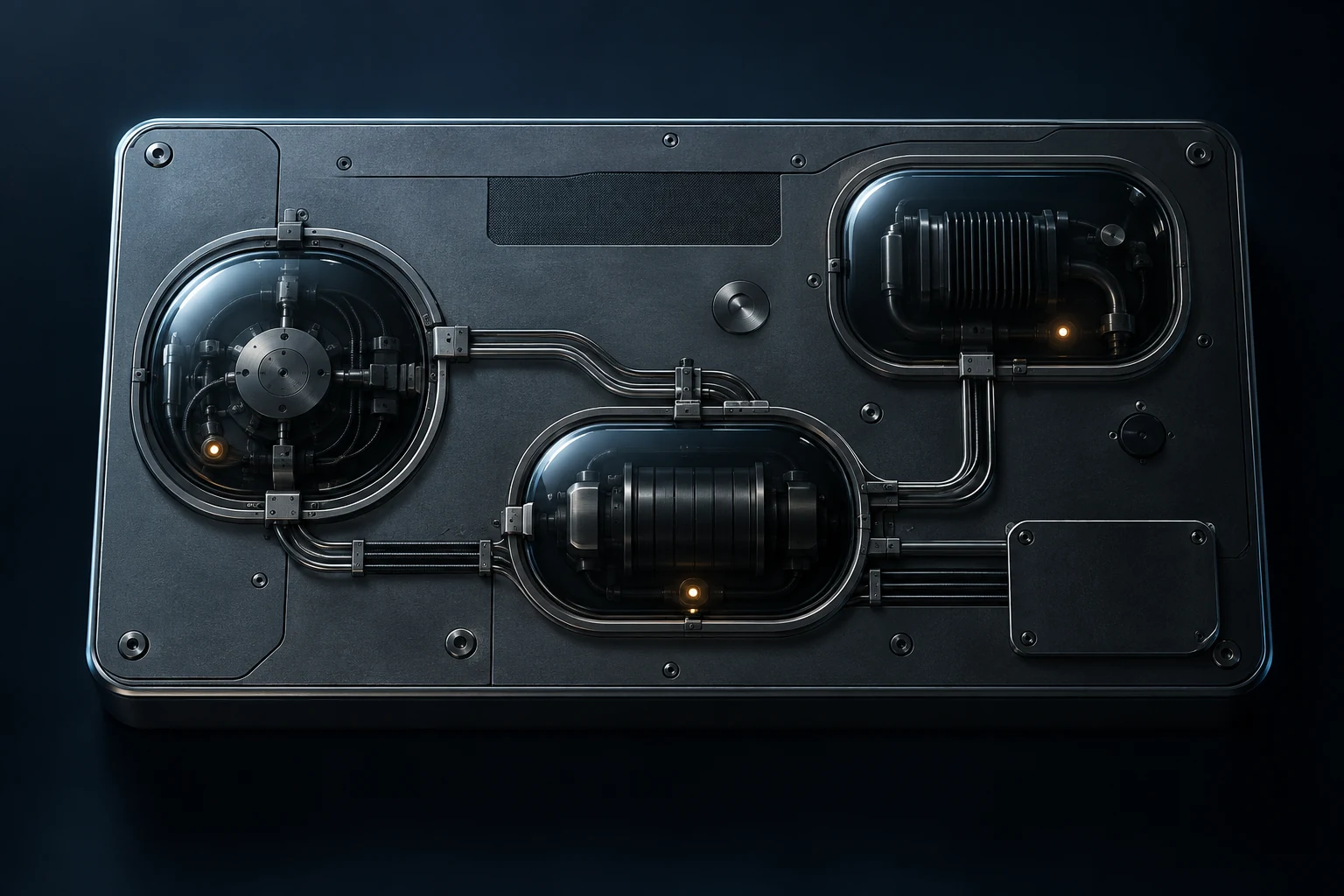 A graphite operational engine with three connected glass chambers representing intake, operations and intelligence.